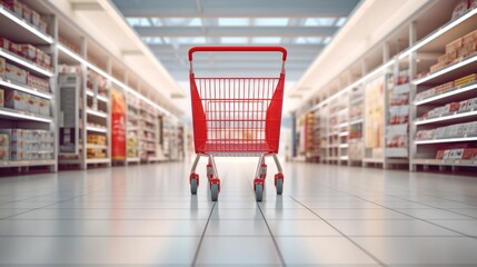 Supermarket aisle with empty shopping carts - obrazy, fototapety, plakaty