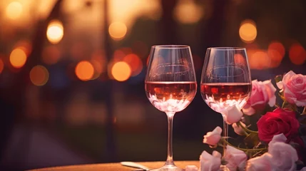 Zelfklevend Fotobehang Two elegant wine glasses and rose heart background valentine's day holiday background © venusvi