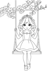 Coloring page a cute princess on a swing beneath