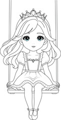Coloring page a cute princess on a swing beneath