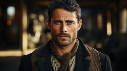 handsome guy wearing a vest - set in a western movie - 678006547