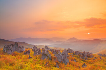 Mount Gongenyama , morning sun  and limestone of karst plateau , Japan,Mine, Yamaguchi,Yamaguchi Prefecture November 2013