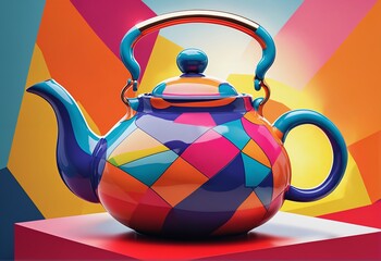 A teapot with vibrant colors and a playful expression. Minimalist, abstract background with geometric shapes. Contrasting colors. 3d style
