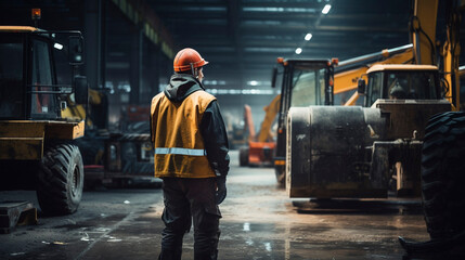 Fototapeta premium Safety Patrol: Hardhat Worker Keeping a Close Eye on Heavy Machinery, Generative AI