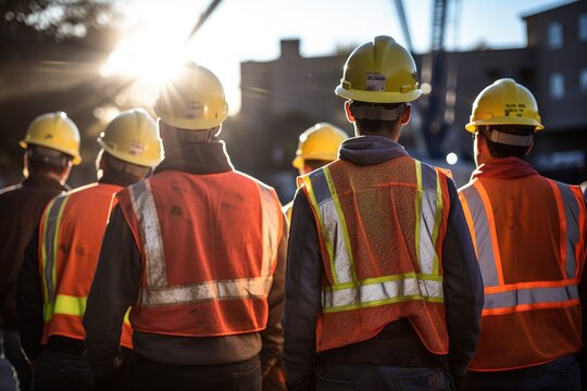Rear view of a group of construction workers wearing safety vests and safety helmets ready to start work