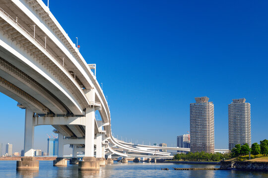Rainbow Bridge and Skyscrapers , Japan,Tokyo,Minato December 2012