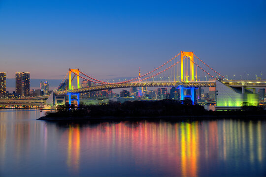 Rainbow Bridge and Skyscrapers , Japan,Tokyo,Minato December 2012