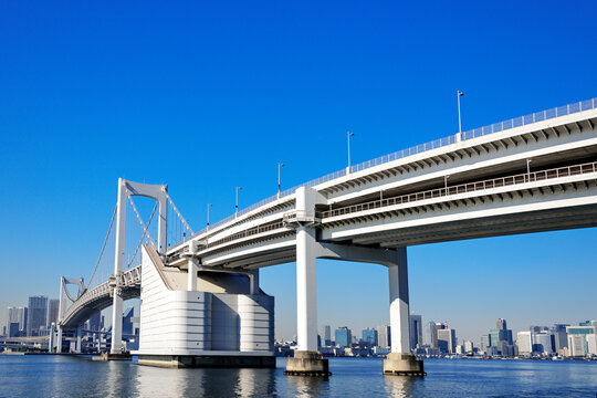Rainbow Bridge and Skyscrapers , Japan,Tokyo,Minato December 2012