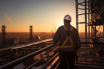 Rear view of a technician on a high steel platform at sunrise