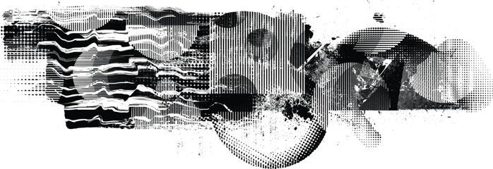 Glitch distorted grange shape . Noise grungy logo . Trendy defect error shapes . Glitched frame .Grunge textured . Distressed effect .Vector shapes with a halftone dots screen print texture.