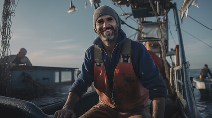 Obraz premium Happiness Unleashed: Fishermen Rejoicing in their Triumph, Generative AI