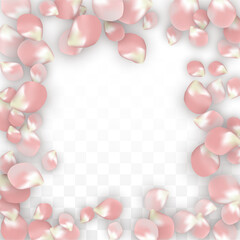 Pink Vector Realistic Petals Falling on Transparent Background.  Spring Romantic Flowers Illustration. Flying Petals. Sakura Spa Design. Blossom Confetti. Design Elements for Wedding Decoration.