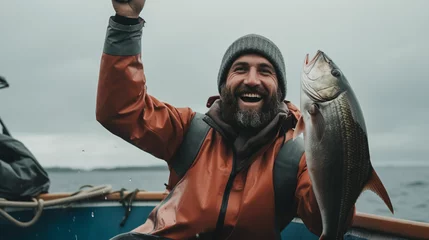 Gordijnen Cheers to Success: Delighted Fishermen and their Big Catch, Generative AI © Adolfo Perez Design