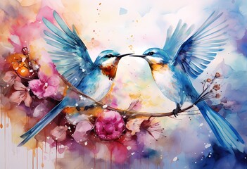 Watercolor artwork of two birds with vibrant plumage perched on a branch with delicate pink blossoms.