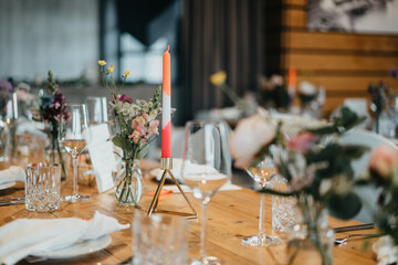 Wedding location decorated with colorful flowers and lots of details - obrazy, fototapety, plakaty