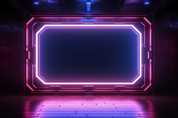 Glowing futuristic neon frame with empty space for text or advertising on the floor