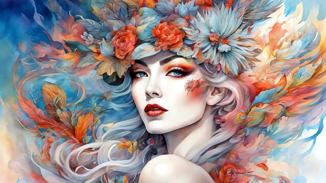 Portrait einer makellos sch&ouml;nen Frau mit Blumen. 