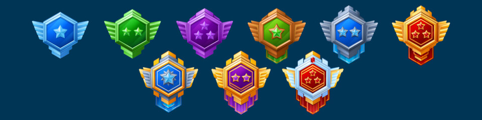 Medal and emblem with star, ribbon and wings for game interface level rank design. Cartoon vector illustration set of various colorful hexagon gui medieval award labels and trophy for achievement. - obrazy, fototapety, plakaty