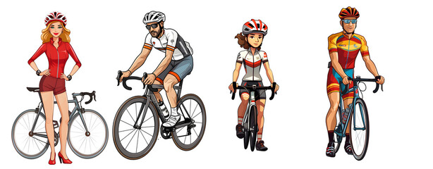 A male, female cycle riders cartoon clip art in transparent background cutout - Generative AI	