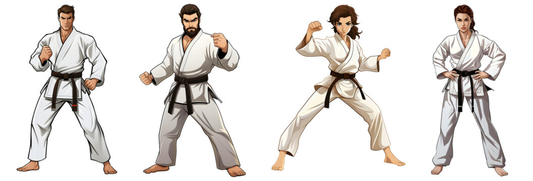 A male, female martial artists cartoon clip art in transparent background cutout - Generative AI	