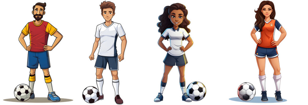 A male, female football players  cartoon clip art in transparent background cutout - Generative AI	