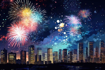 Obraz premium Cityscape with fireworks at New Year's Eve, vector illustration. 