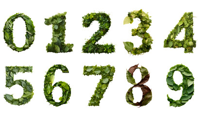 Leafy green numbers from zero to nine on a transparent background. 0-9