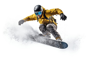 An isolated image of a snowboarder speeding down a snowy mountain, capturing the thrill and excitement of the sport.