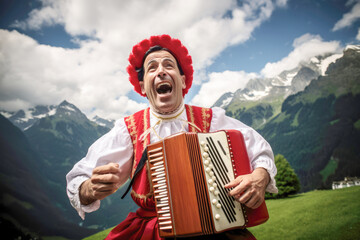 yodeler and accordionist in traditional Swiss costume, portraying the cultural richness and artistic expression of the alpine region. - obrazy, fototapety, plakaty