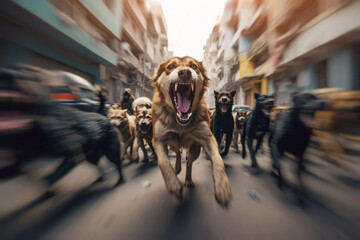 A pack of dogs exhibiting intimidating behavior, growling and snarling, creating a threatening atmosphere. - obrazy, fototapety, plakaty