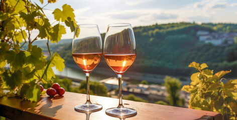 romantic summer evening with a glasses of wine, surrounded by the lush vineyards of the river valley.