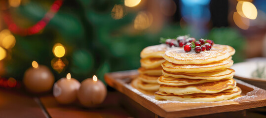 A stack of sweet, freshly made Russian pancakes, a delicious and traditional dessert, served on a plate for a special Christmas breakfast.