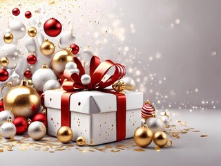 Wish a Merry Christmas and Happy New Year with a realistic festive gifts background. White with red ribbon presents, golden baubles, and glitter confetti.