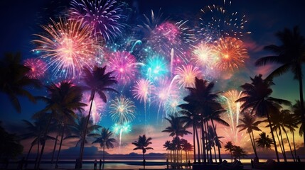 Fototapeta na wymiar Bright colorful fireworks, lots of salutes in the beautiful night sky during New Year celebration in a warm southern resort with palm trees