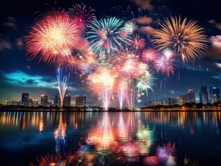 Bright colorful fireworks, lots of salutes in the beautiful night sky during New Year celebration in Miami