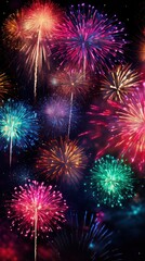 Fototapeta premium Bright fireworks with bokeh background, lots of salutes in the beautiful night sky New Year celebration, Abstract holiday background