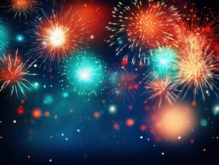 Fototapeta na wymiar Bright colorful fireworks with bokeh background, lots of salutes in the beautiful night sky, New Year celebration, background with space for text
