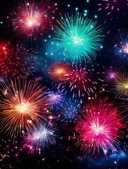 Fototapeta premium Bright fireworks with bokeh background, lots of salutes in the beautiful night sky New Year celebration, Abstract holiday background