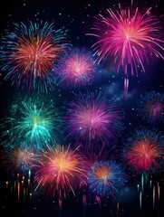 Fototapeta na wymiar Bright fireworks with bokeh background, lots of salutes in the beautiful night sky New Year celebration, Abstract holiday background