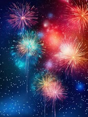 Fototapeta premium Bright fireworks with bokeh background, lots of salutes in the beautiful night sky New Year celebration, Abstract holiday background