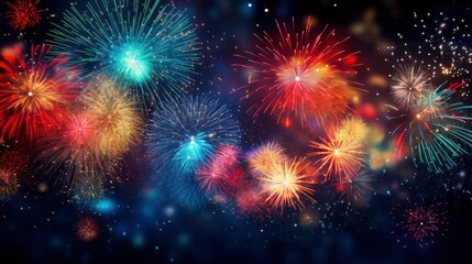Bright fireworks with bokeh background, lots of salutes in the beautiful night sky New Year celebration, Abstract holiday background - obrazy, fototapety, plakaty