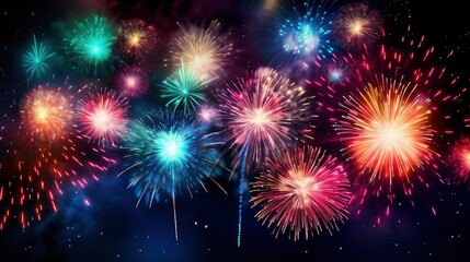 Naklejka premium Bright fireworks with bokeh background, lots of salutes in the beautiful night sky New Year celebration, Abstract holiday background