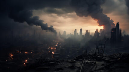 Aftermath of a war/cataclysm in a big city. Apocalypse, grim mood, end of days. AI generated.