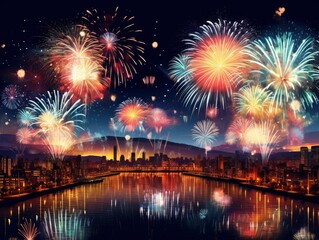 Fototapeta premium Bright fireworks, very many salutes on the background of a beautiful night sky with city panorama