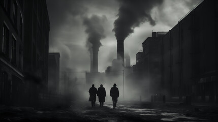 Silhouettes in a grim and black and white environment, polluted industrial city, film noir. AI generated.