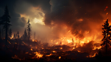 Intense Mountain Forest Wildfire: Dramatic Scenes of Nature's Fury, Environmental Crisis, and...