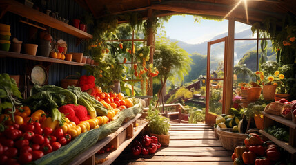 Fototapeta na wymiar Sunny greenhouse filled with various vegetables. AI generated