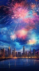 Fototapeta premium Bright fireworks, very many salutes on the background of a beautiful night sky with city panorama