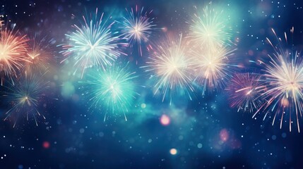 Fototapeta na wymiar Bright fireworks with bokeh background, lots of salutes in the beautiful night sky New Year celebration, Abstract holiday background