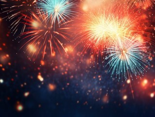 Fototapeta premium Bright fireworks with bokeh background, lots of salutes in the beautiful night sky New Year celebration, Abstract holiday background